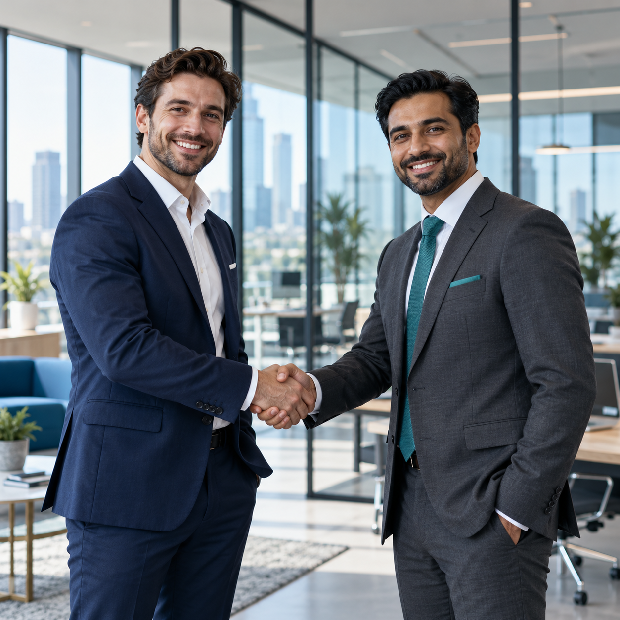 Two male business professionals shaking hands in a modern office