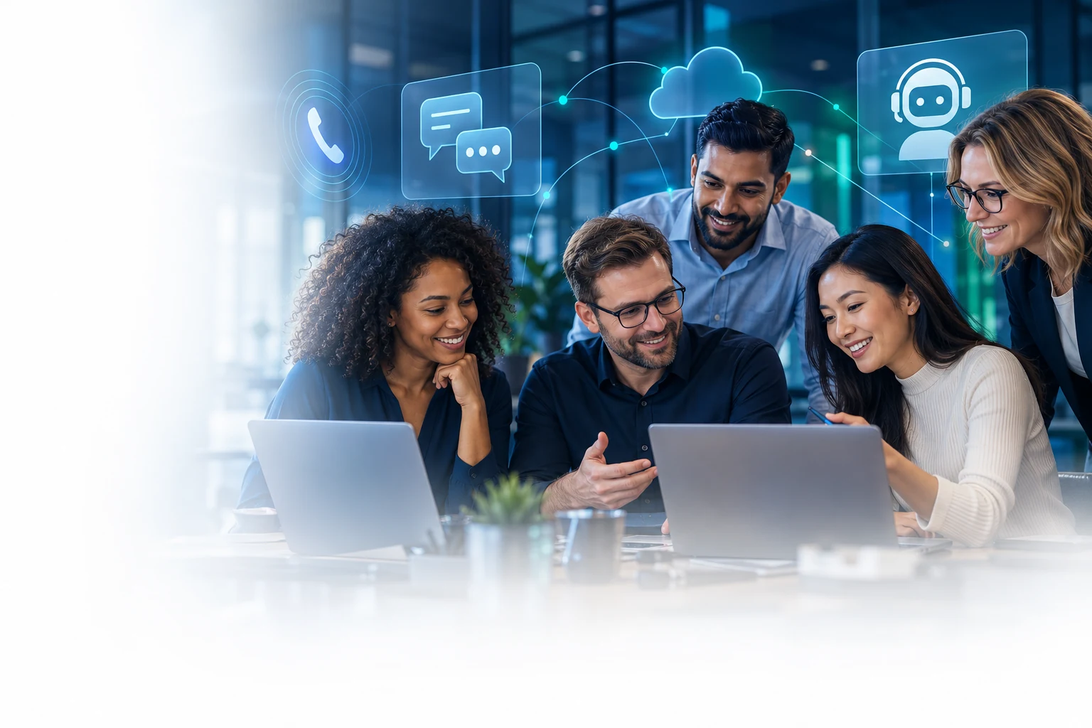 Conceptual illustration of technology professionals collaborating on voice, messaging and cloud communication solutions