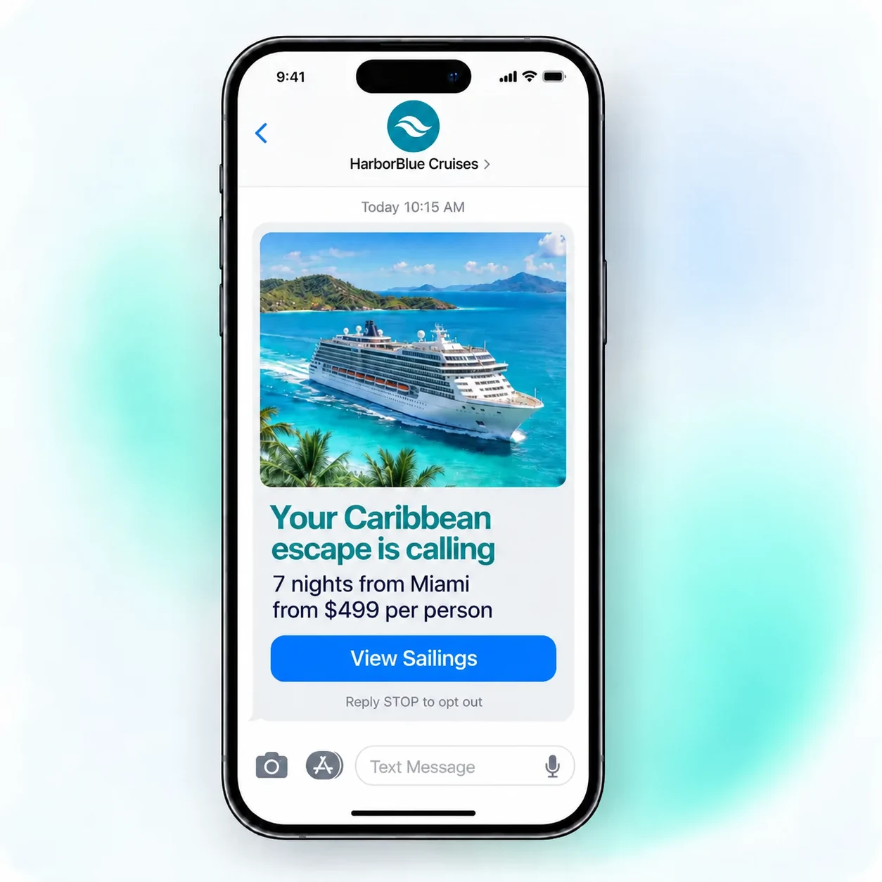 Customer receiving a U.S. Caribbean cruise promotional MMS with ship image, Miami departure offer and booking CTA