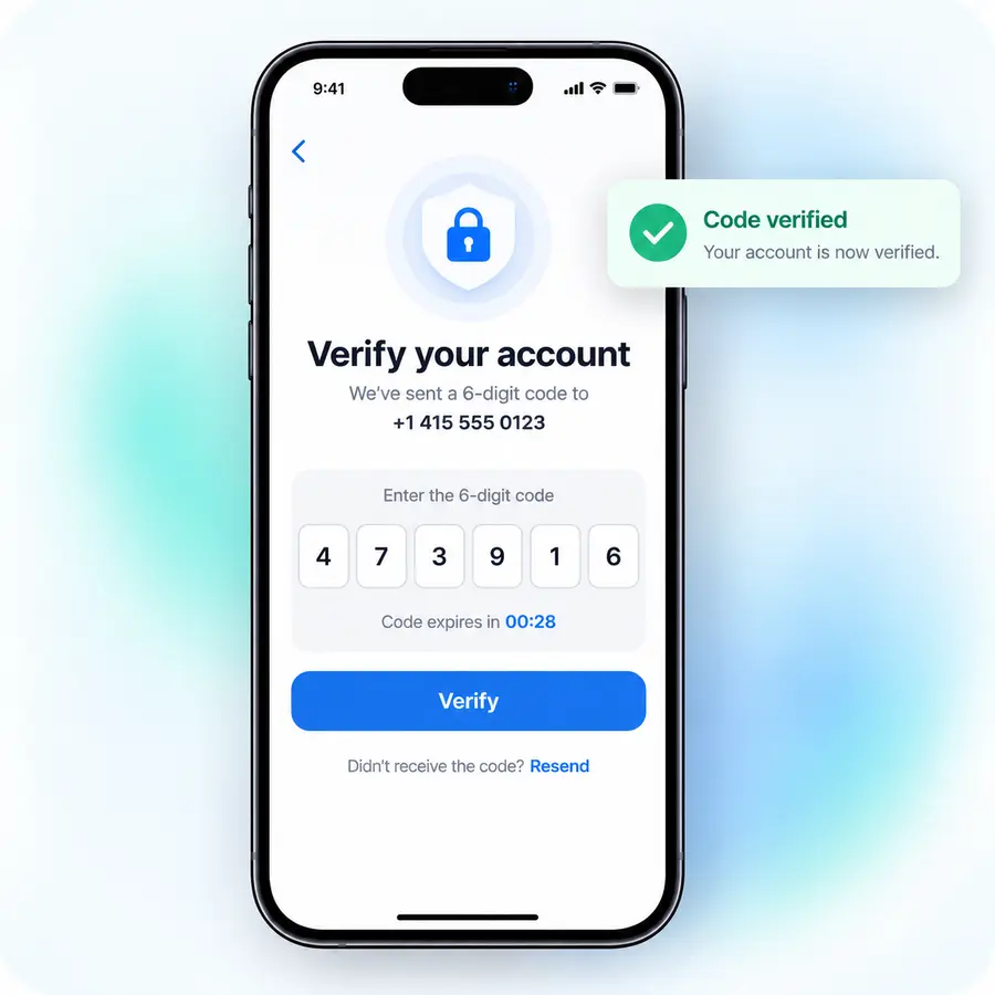 Phone identity verification dashboard with OTP, trust score and security activity