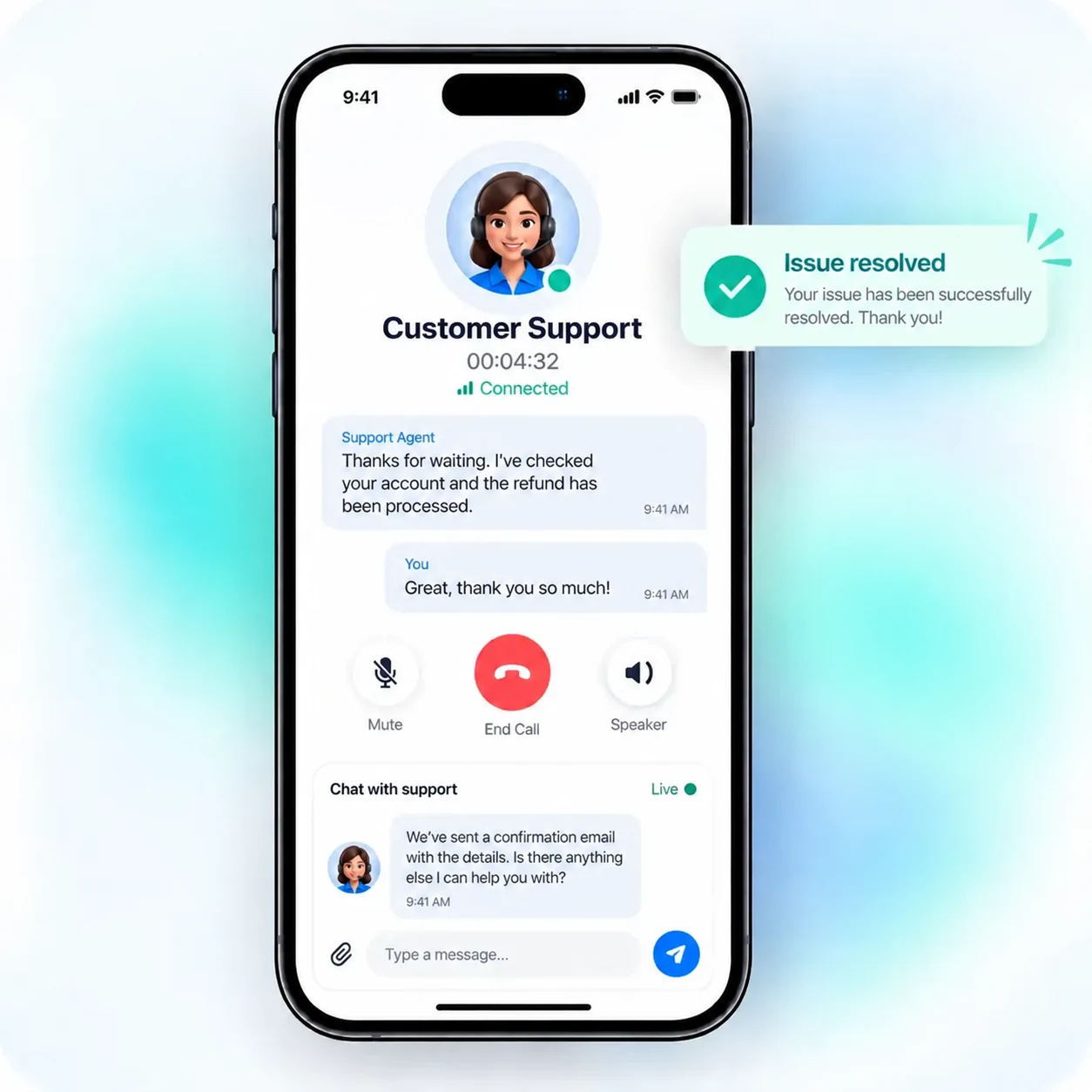 Customer connected to live support through voice call and chat