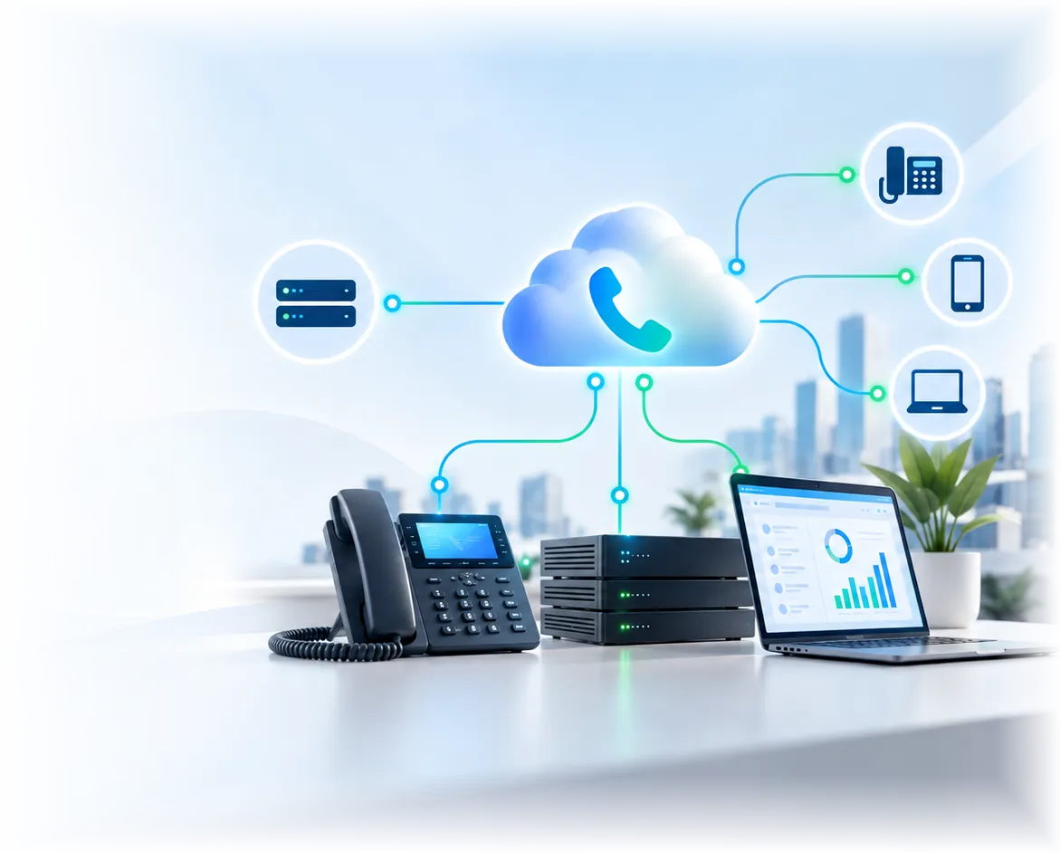 SIP trunking workflow showing business systems connected through cloud voice infrastructure to phones and devices.